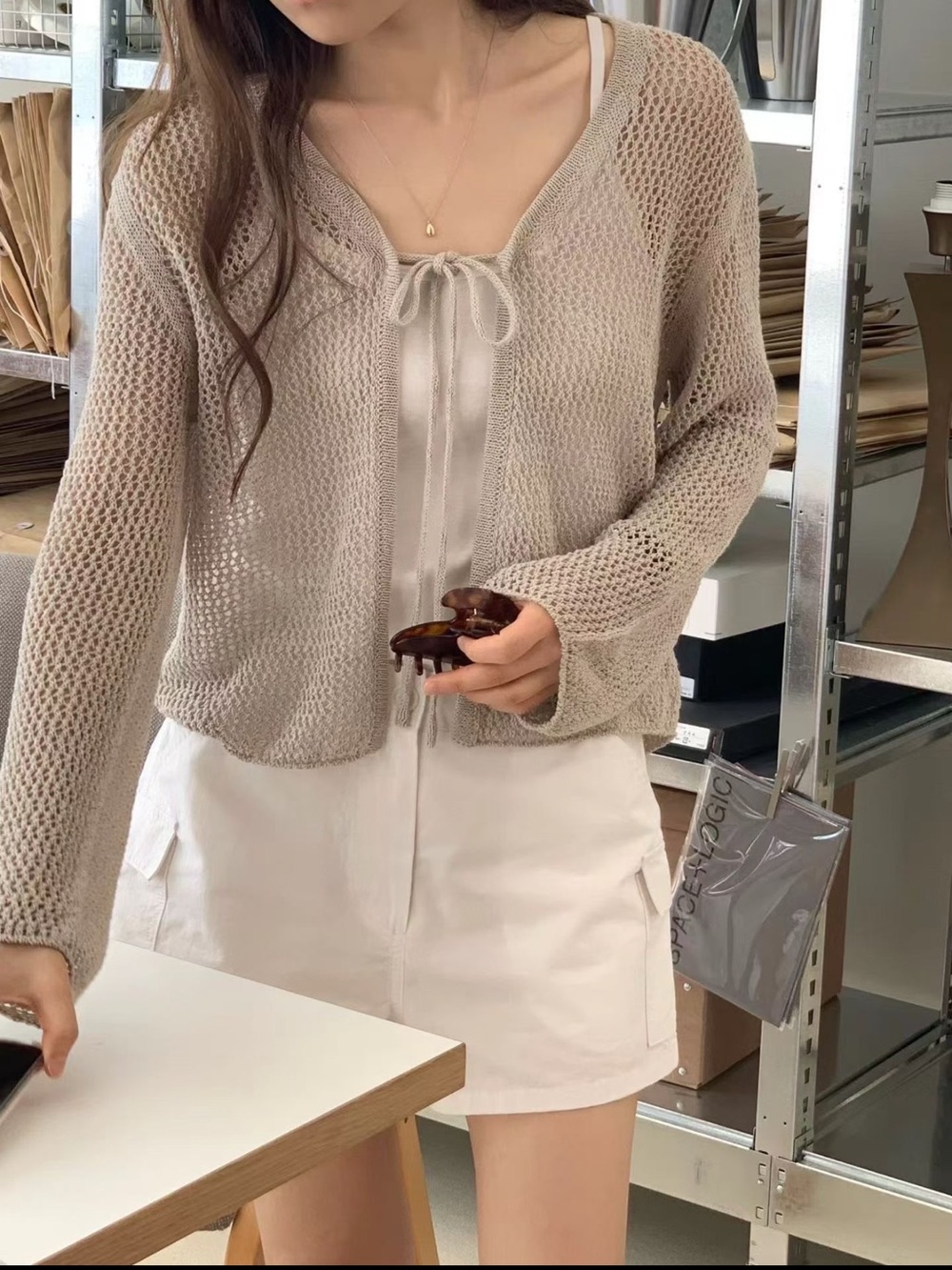Tie-Front Open-Knit Women's Sweater Cardigan in Light Taupe
